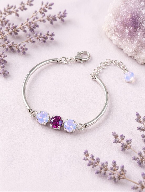 Hand Crafted Jewelry - Silver Bar Bracelet with Two Pink Opal & One Fuschia Crystals, Hand Crafted